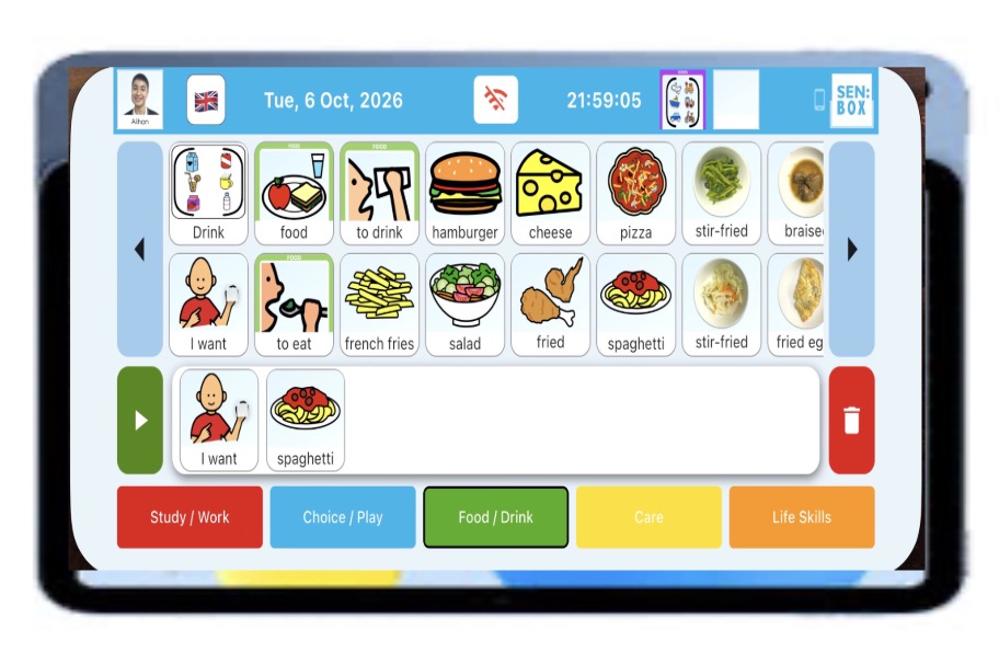 SENBOX Communicator tablet showing visual vocabulary and a sentence strip