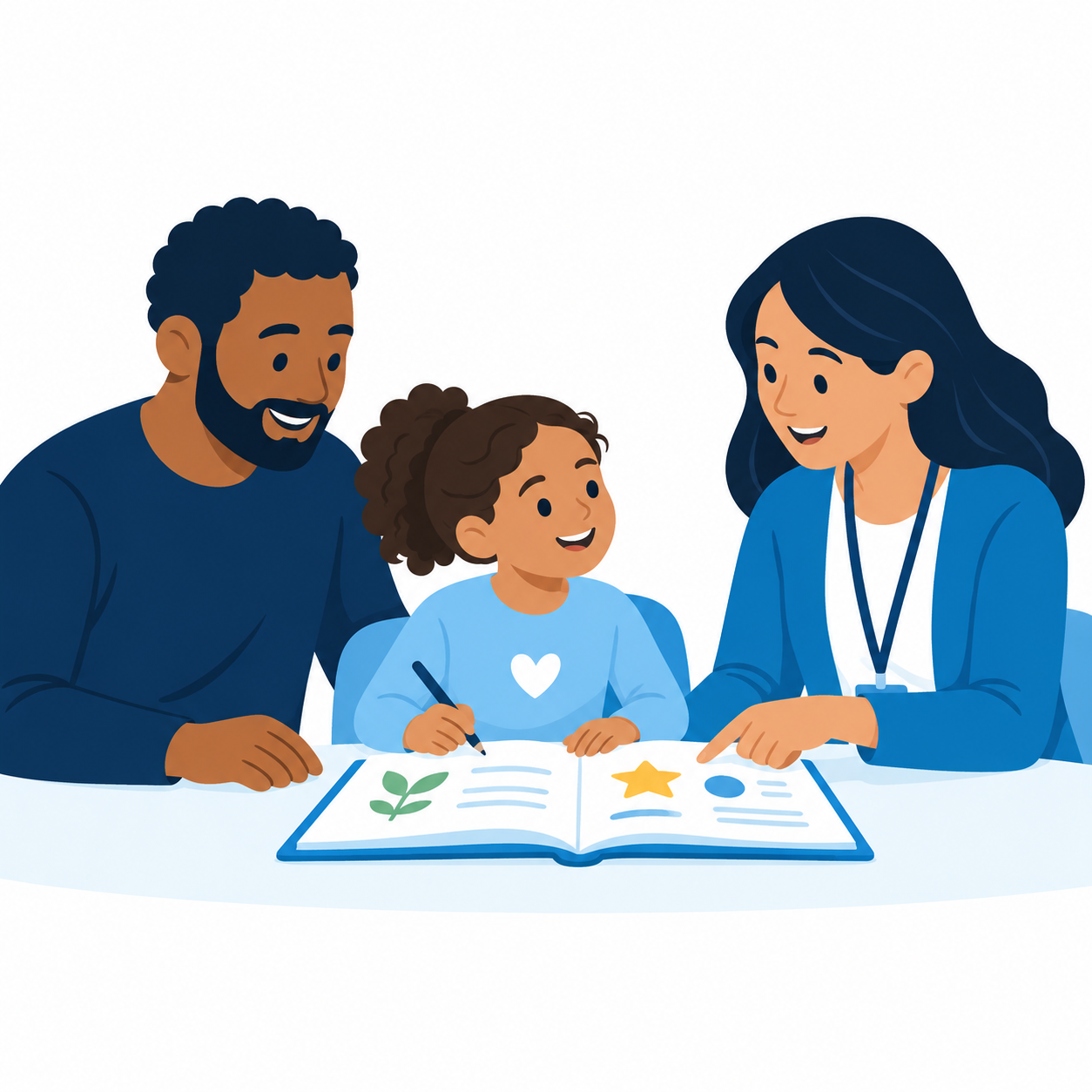 Parent, child and educator reviewing learning together